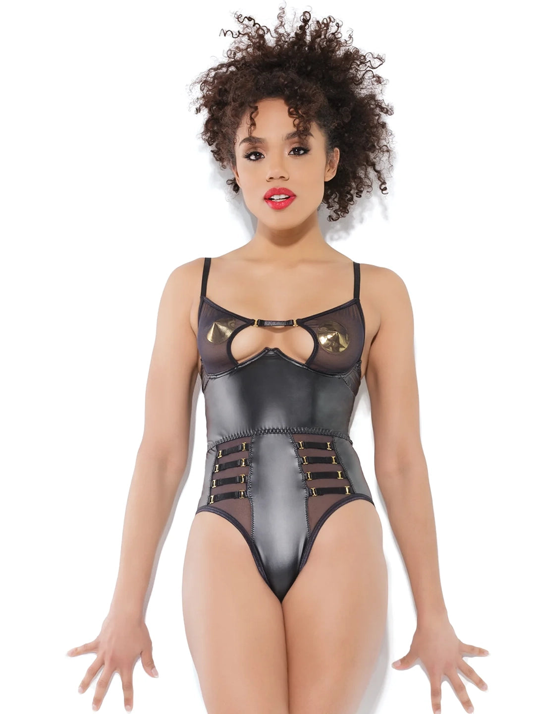 Matte Wetlook and Mesh Crotchless Bodysuit