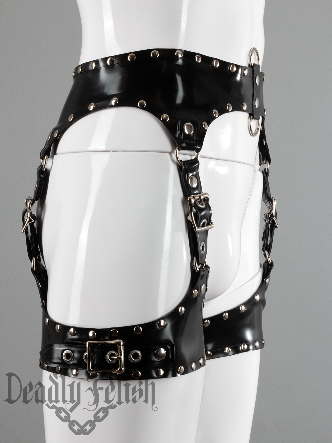 Deadly Fetish Made-To-Order Latex: Harness Addition #14 Single Buckle Leg Braces with Rivets