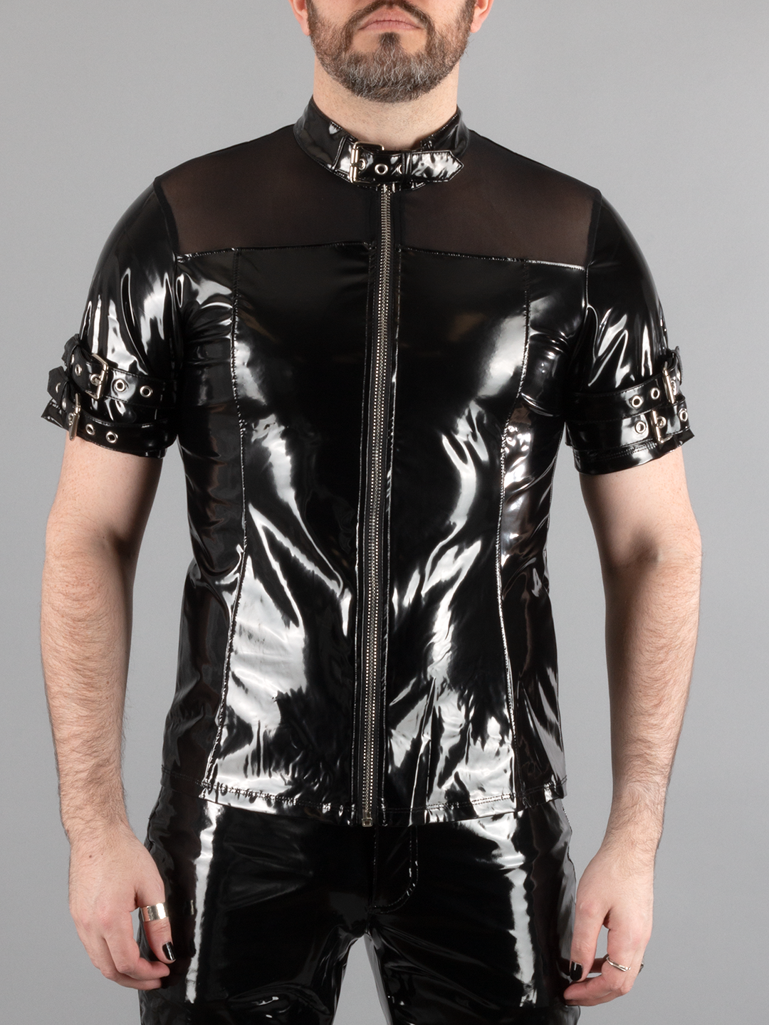 Short Sleeve Mesh and PVC Buckle Top
