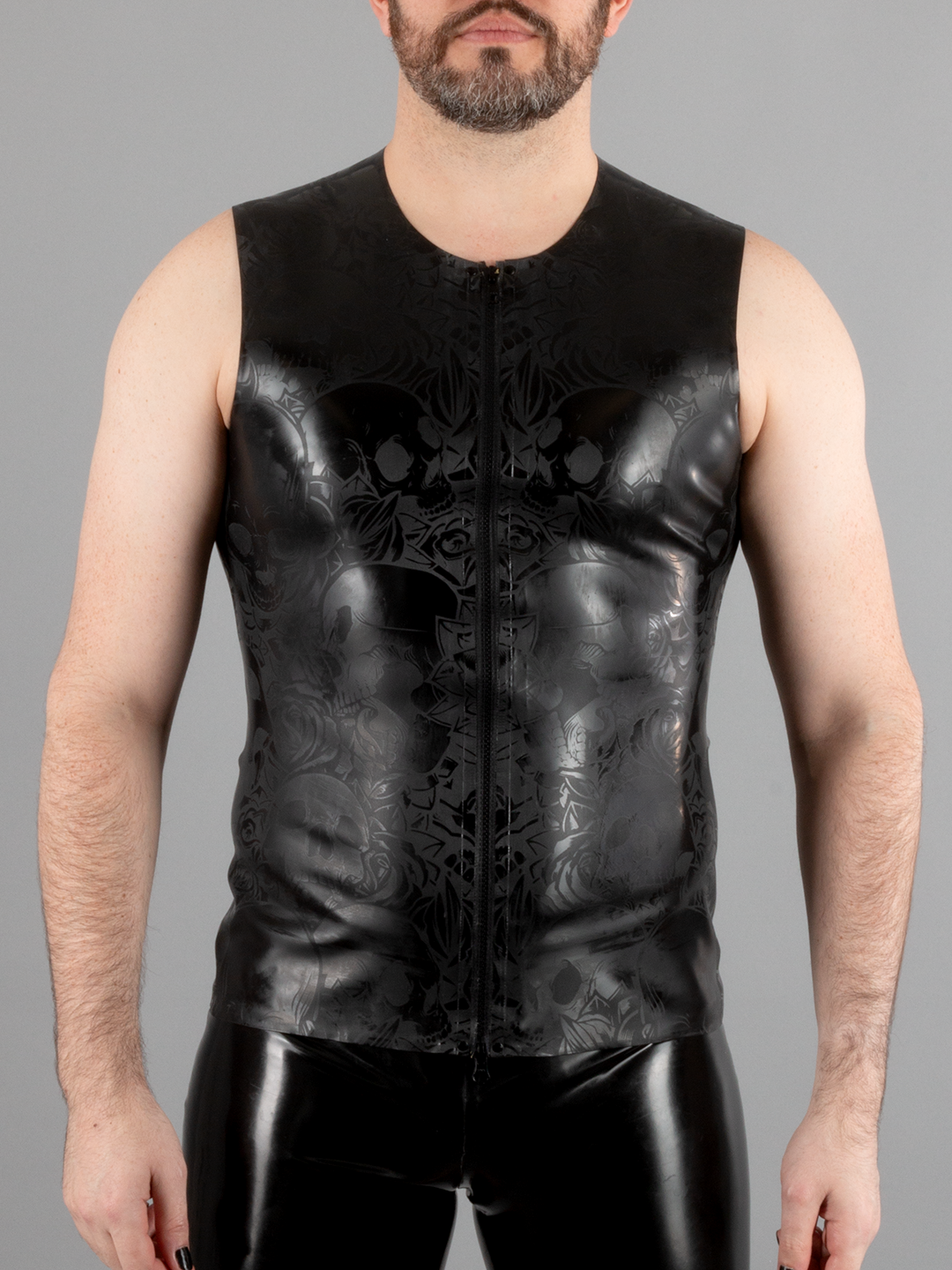 Textured Sleeveless Latex Vest with Skull and Roses