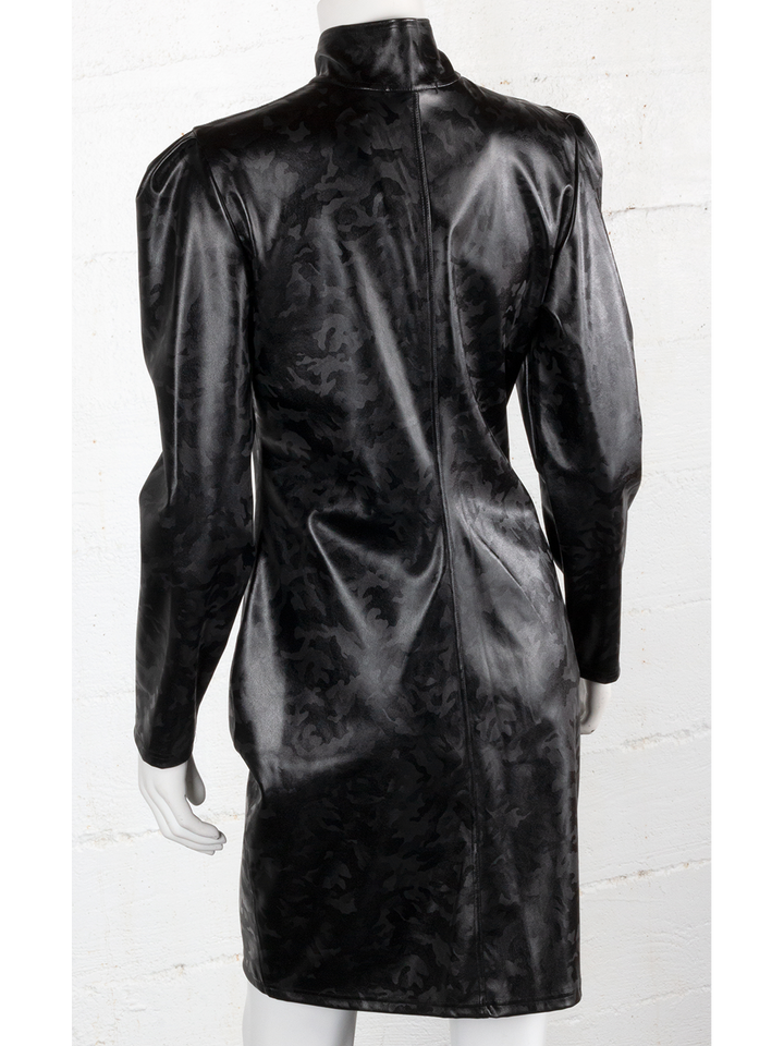 Black Camo Wetlook Front Zip Dress