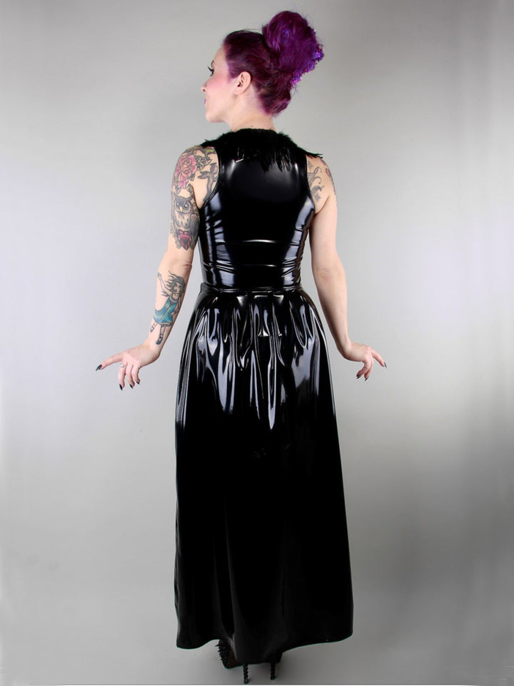 Open Front PVC Dress with Feather Trim
