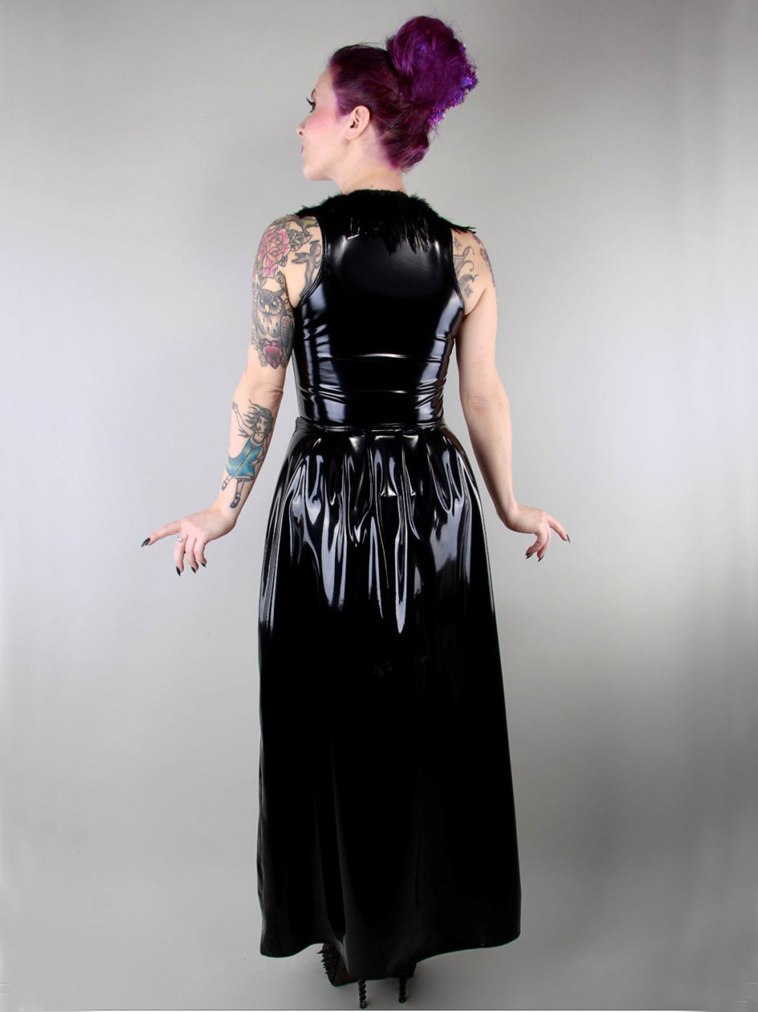 Open Front PVC Dress with Feather Trim