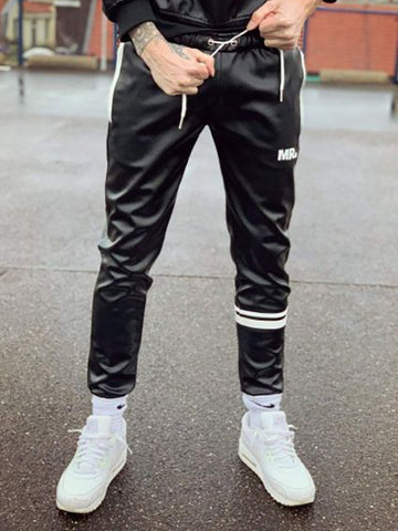 White Stripe Vegan Leather Track Pants
