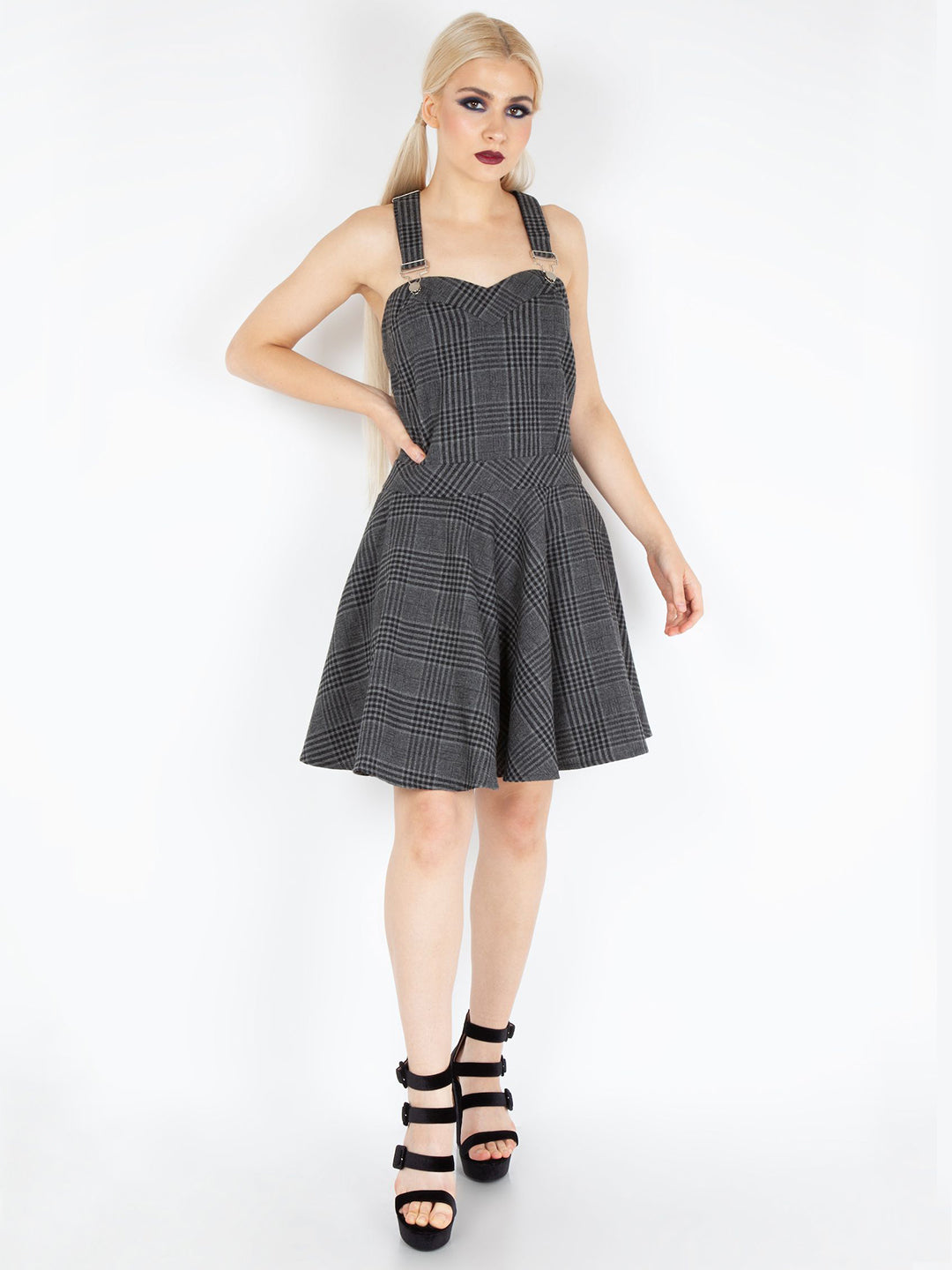 Grey Plaid Overall Dress