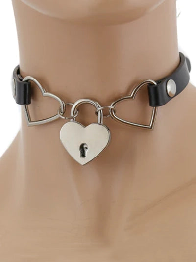 Leather Collar with Heart Rings and Lock