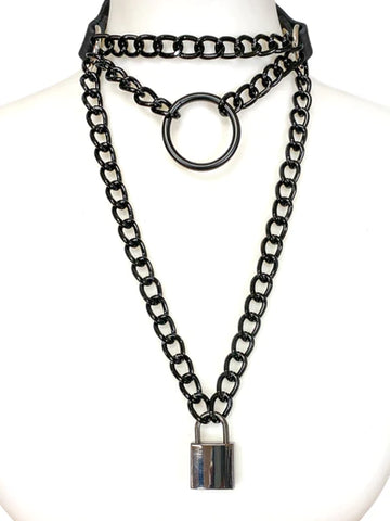 Leather Collar with Black Chains and Lock