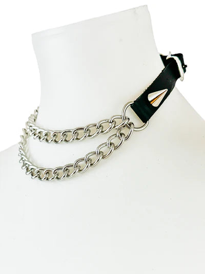 Spiked Leather Collar with Draped Chains