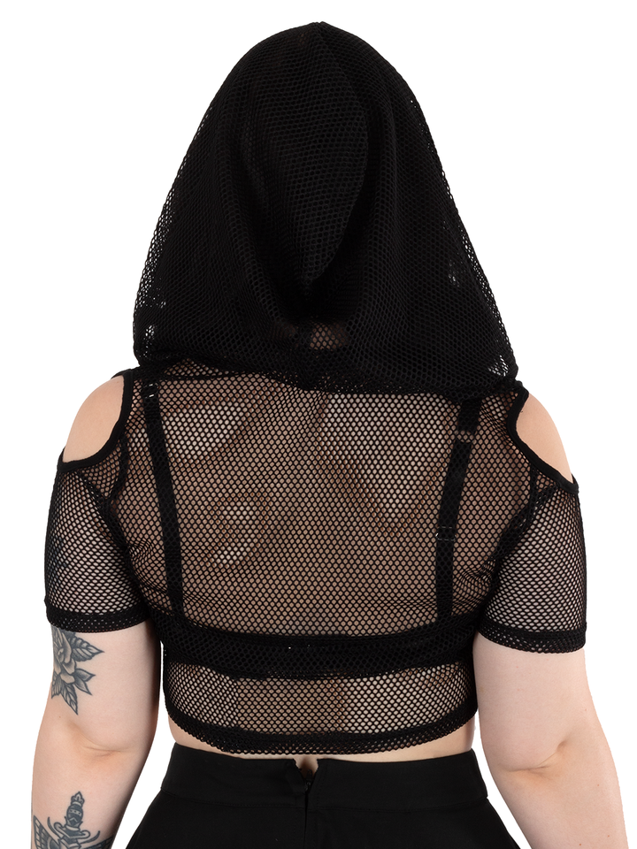 Cold Shoulder Net Hooded Top