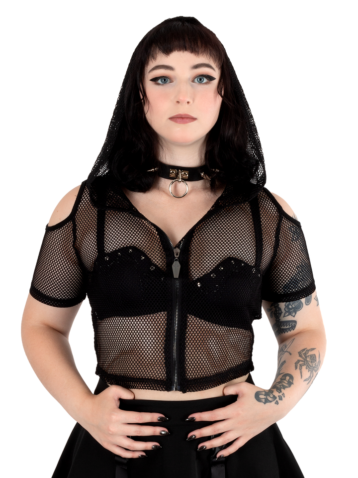 Cold Shoulder Net Hoodie