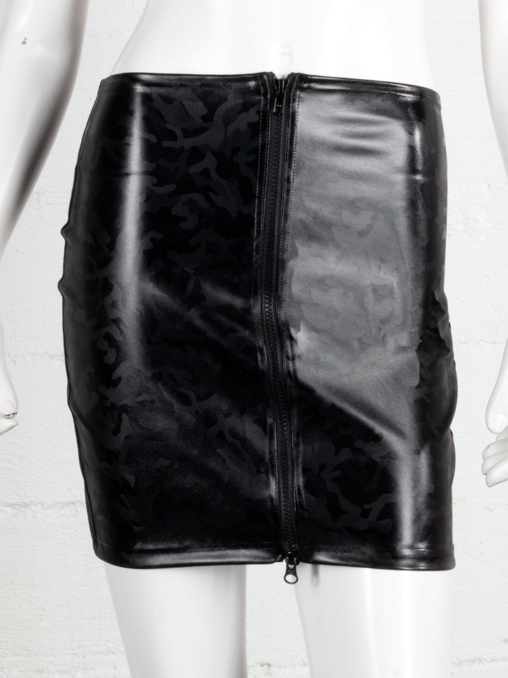 Black Camo Wetlook Front Zip Mini Skirt