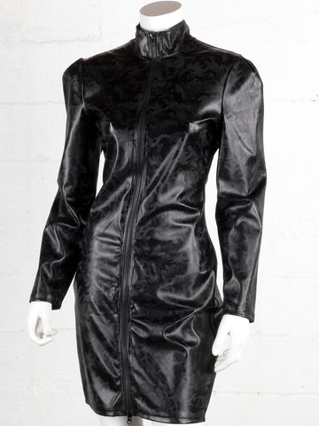 Black Camo Wetlook Front Zip Dress
