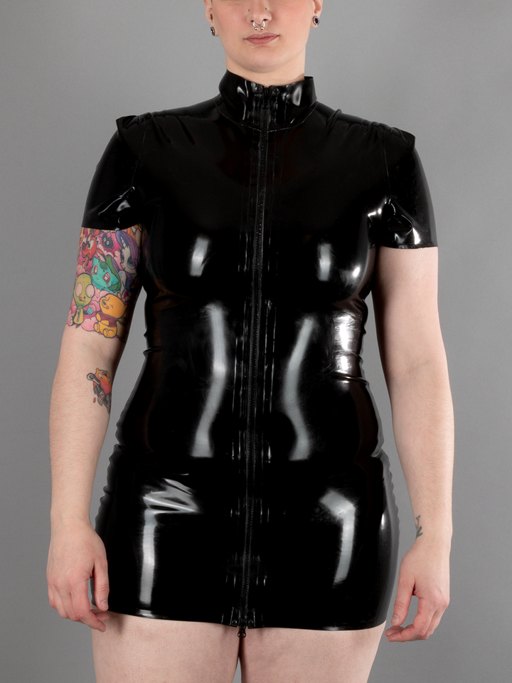 Short Sleeve Front Zip Latex Dress