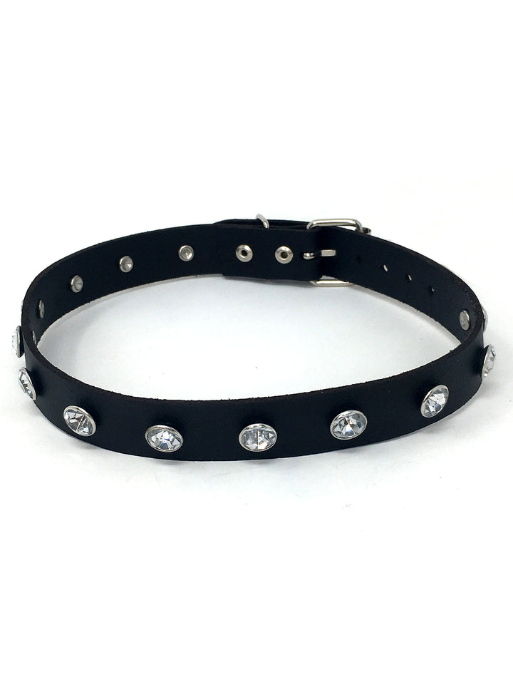 Leather Collar with Rhinestones