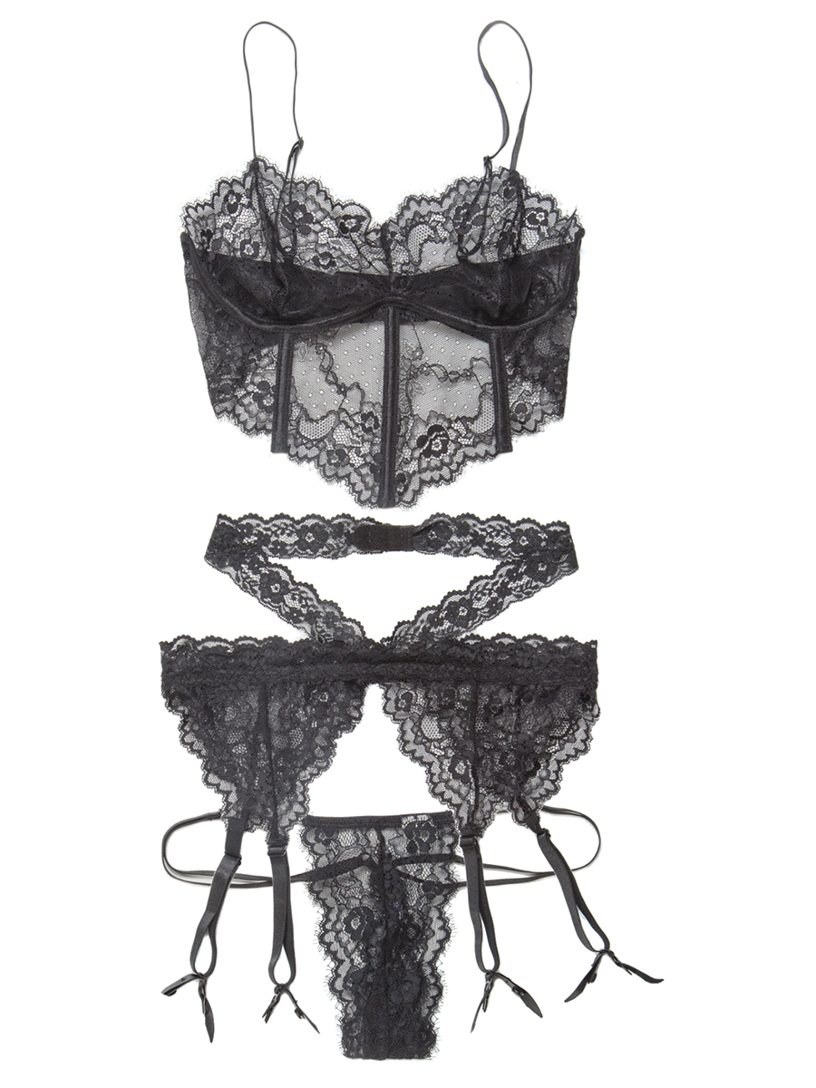 Lace Longline Bralette, Garter Belt and G-String Set