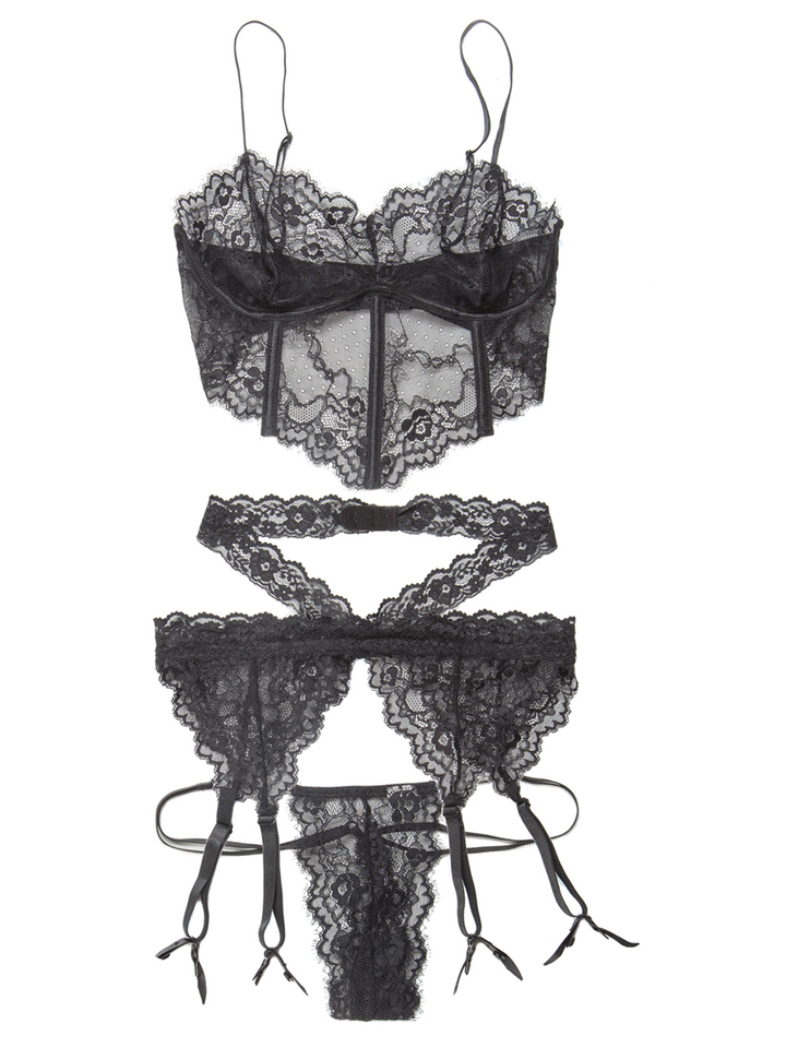 Lace Longline Bralette, Garter Belt and G-String Set