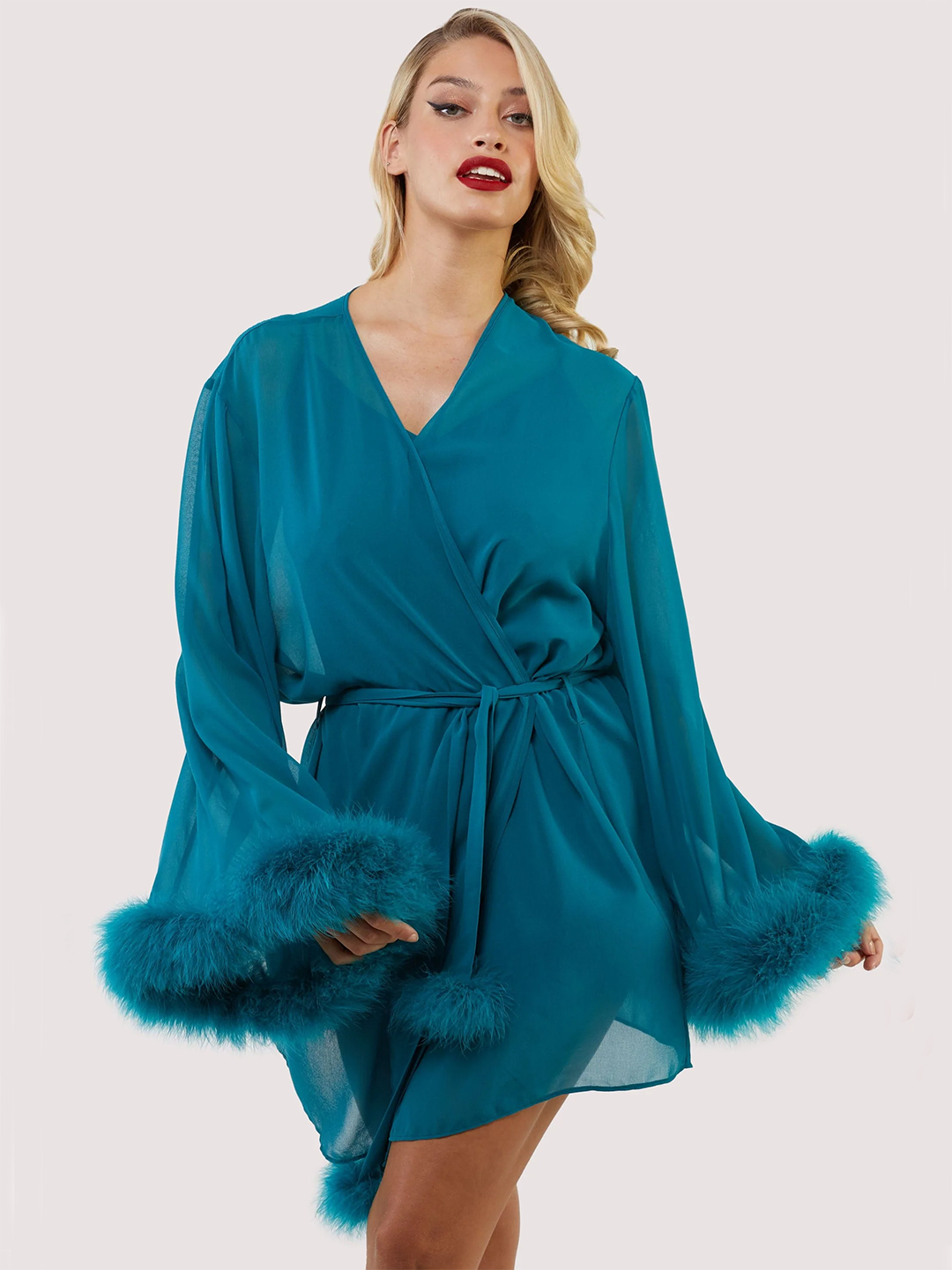 Teal Feather Trim Robe