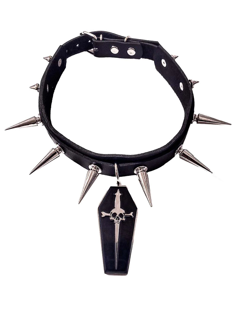 Spiked Vegan Leather Collar with Coffin Dagger Pendant