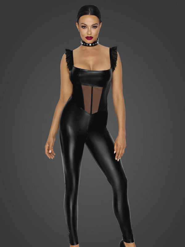 Matte Wetlook and Mesh Crotchless Bodysuit