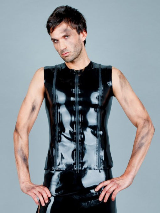 Latex Triple Zip Front Sleeveless Top