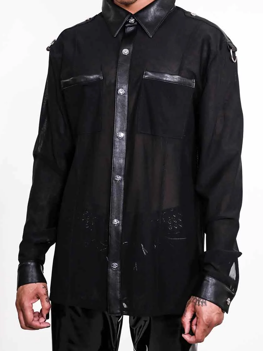 Long Sleeve Mesh and Vegan Leather Top