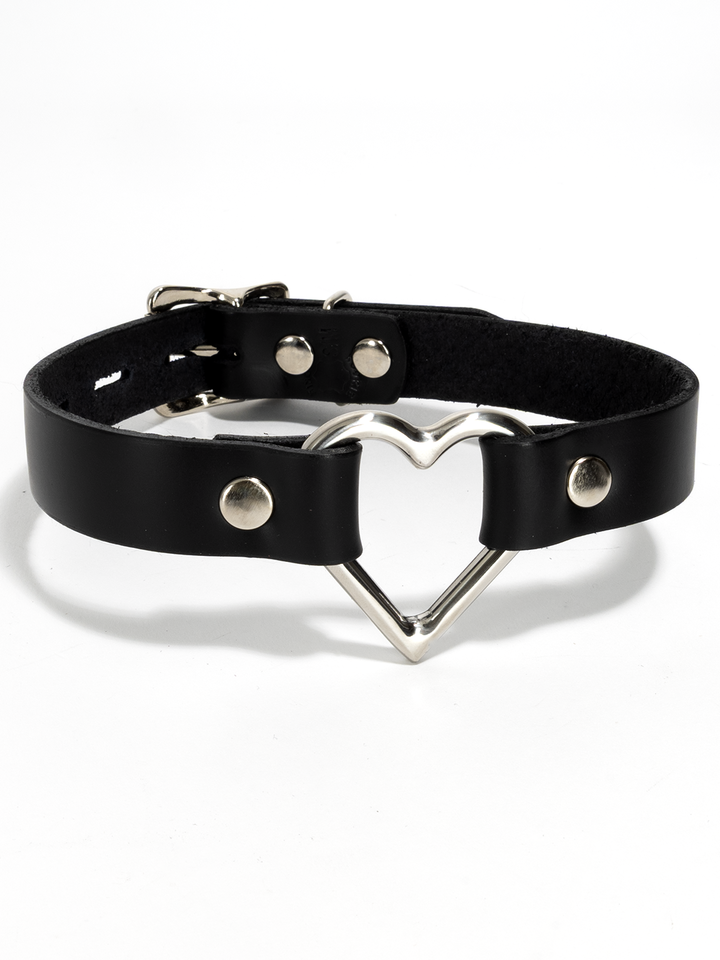 Leather Locking Buckle Collar with Heart Ring