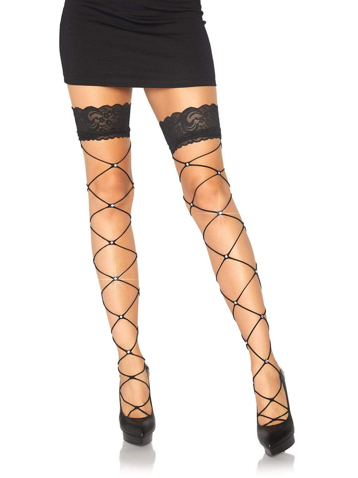 Lace Top Fence Net Stockings with Rhinestone Detail