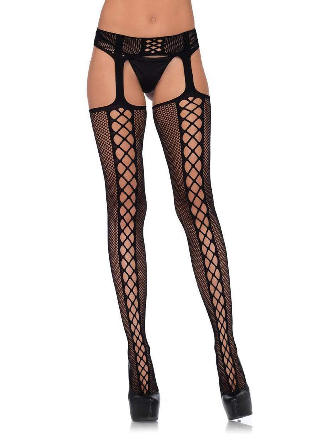 Dual Net Stockings with Attached Garter Belt and Backseam Detail