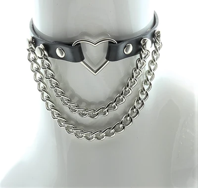 Leather Collar With Centre Heart and Draped Chains
