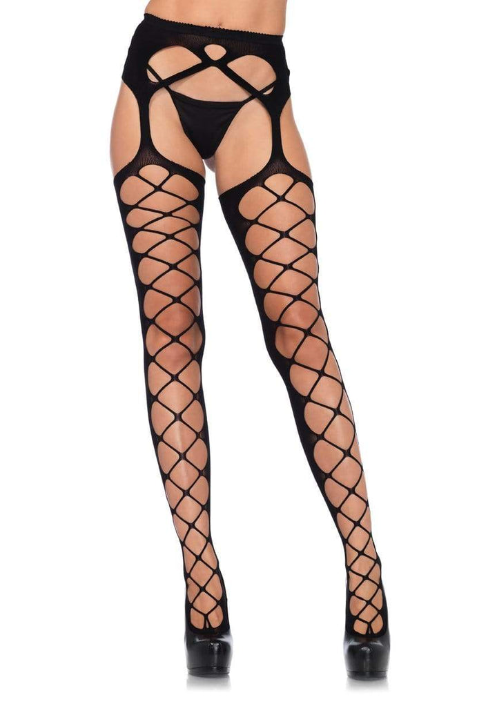 Diamond Net and Opaque Stockings with Attached Garter Belt
